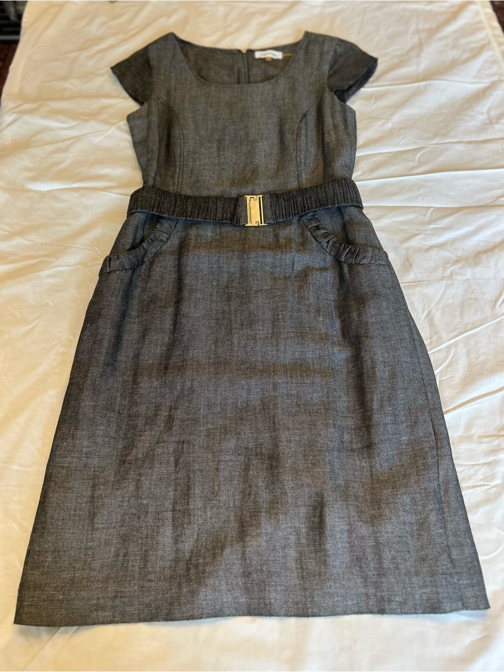 Calvin Klein Gray Chambray Sheath Dress Size 6 Linen Blend Belted Work